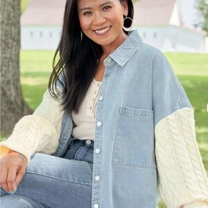 POL Denim & Ivory Cable Knit Combo Jacket Button Up Size Large Oversized NWT